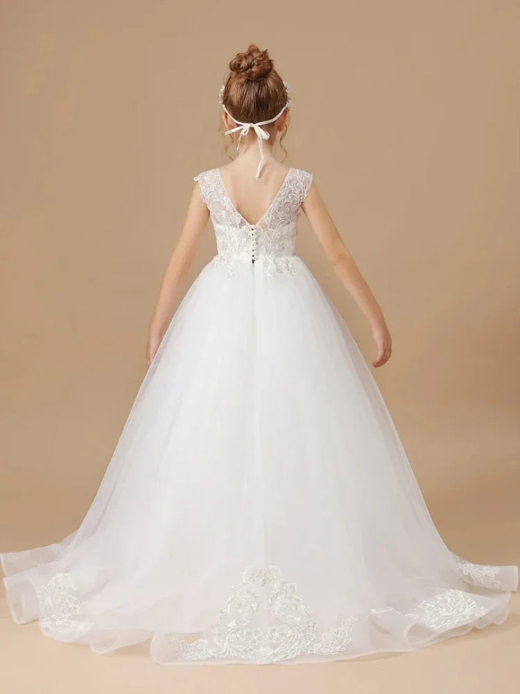 White Tulle Patterned Embroidery With Tailing Sleeveless For Wedding Birthday First Communion Gowns Flower Girl Dresses