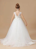 White Tulle Patterned Embroidery With Tailing Sleeveless For Wedding Birthday First Communion Gowns Flower Girl Dresses