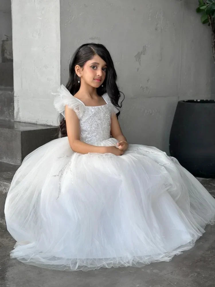 Vestidos de tul blanco con lentejuelas y flores sin mangas para bodas, fiestas de cumpleaños, comuniones y niñas de las flores. 