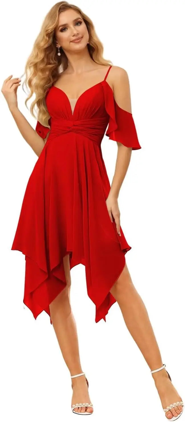 Women's Off Shoulder Chiffon Junior Bridesmaid Dresses Short Pockets Ruffle A Line Formal Dresses with Slit Wedding Party Gown