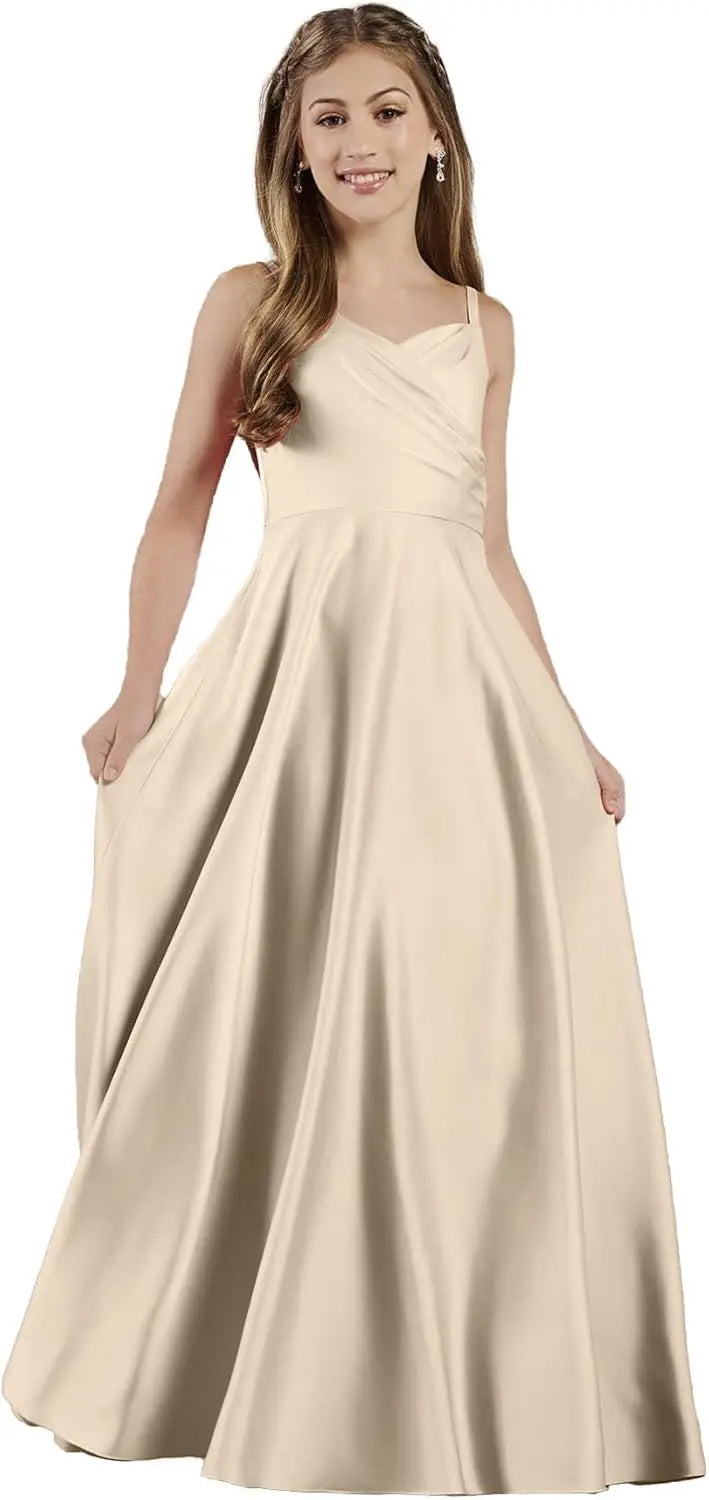 Mädchen Träger Junior Brautjungfer Kleid für Hochzeit Satin Festzug Blumenmädchen Kleider Festzug für Teenager Prinzessin Kleid 