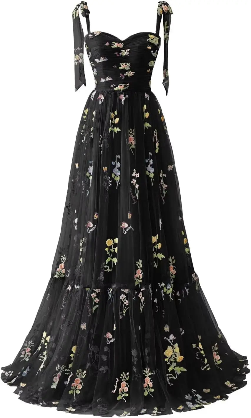 Women's Flower Embroidery Tulle Prom Dresses Corset Long Spaghetti Strap Fairy Ruched Formal Evening Party Gown Bridesmaid Dress