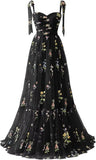 Women's Flower Embroidery Tulle Prom Dresses Corset Long Spaghetti Strap Fairy Ruched Formal Evening Party Gown Bridesmaid Dress