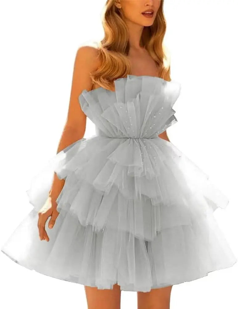 Vestidos de fiesta de tul con hombros descubiertos, abullonados, cortos, sin tirantes, de malla, con volantes, formales, para cóctel o gala 