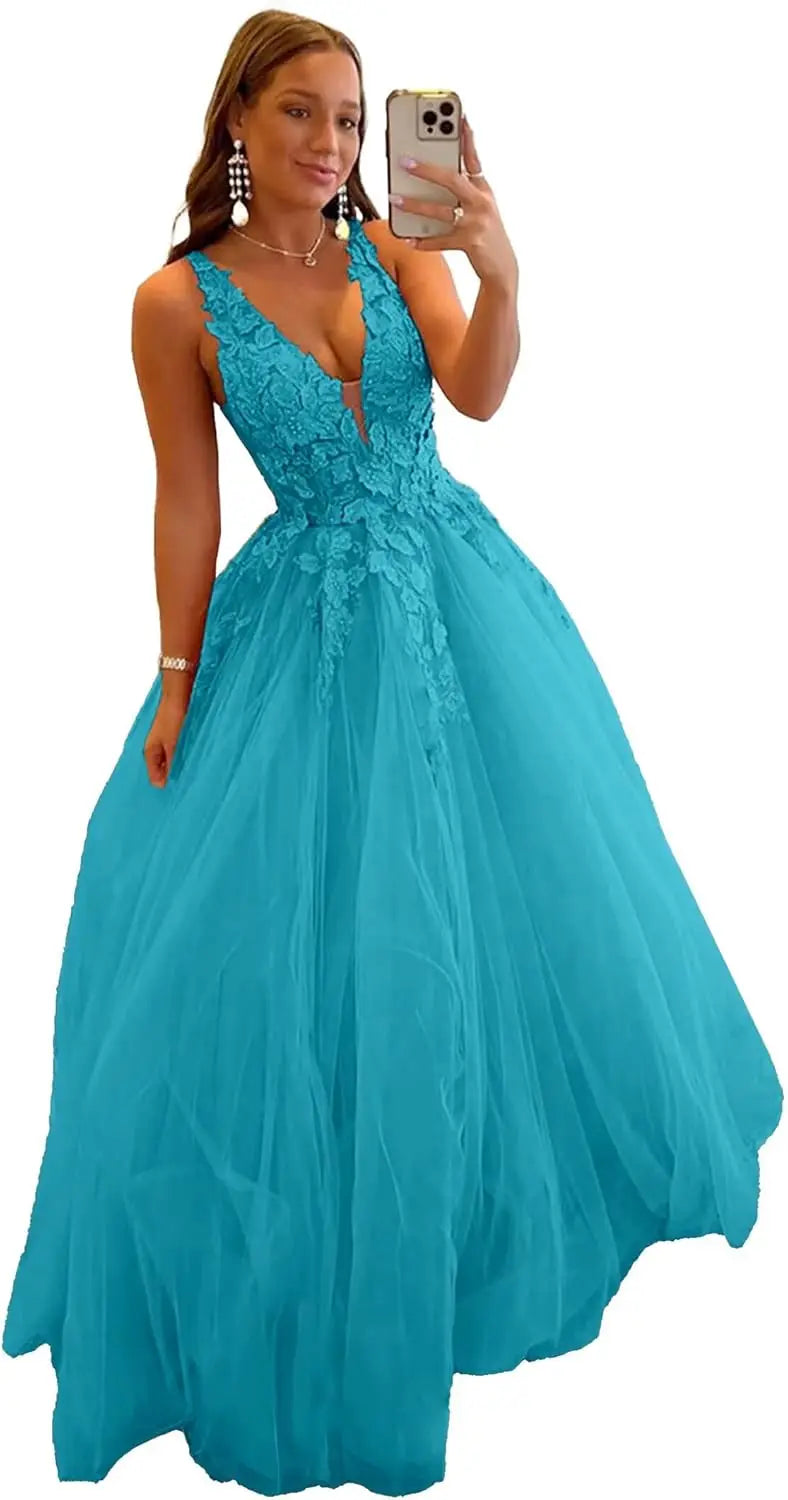 Tulle Prom Dresses for Women V Neck Applique Ball Gowns for Teens Women's Long Formal Evening Gowns with 3D Flower