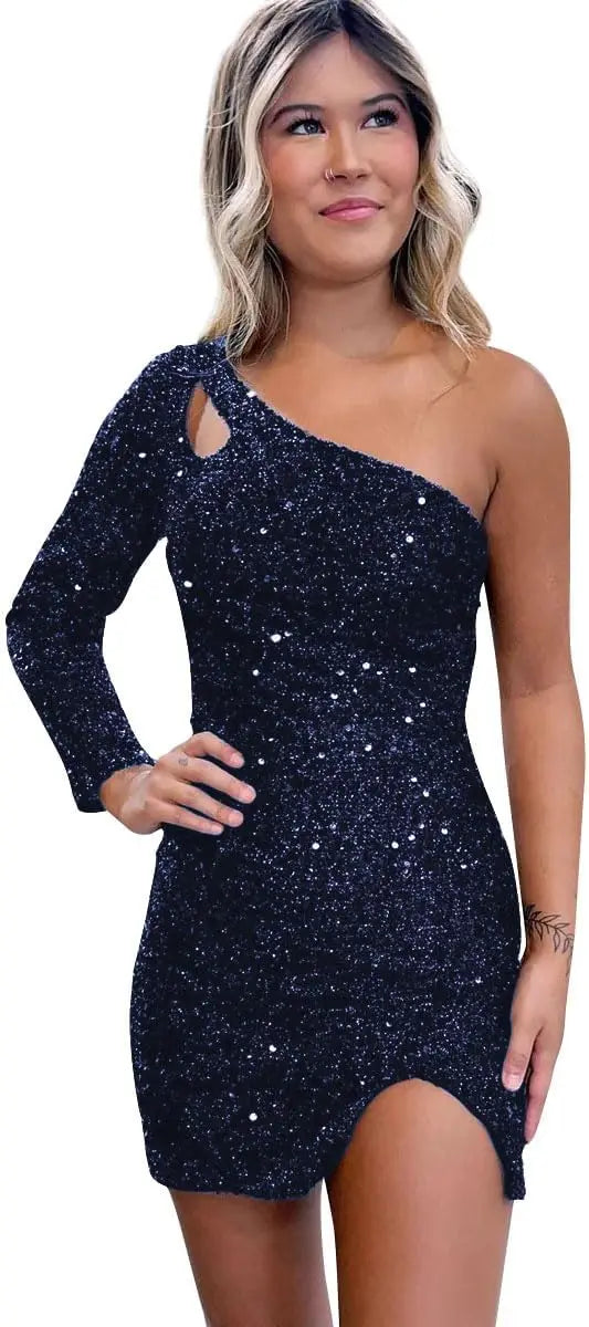 Women's One Shoulder Sequin Homecoming Dress Short Sparkly Long Sleeve Prom Party Gowns for Teens cocktail dresses