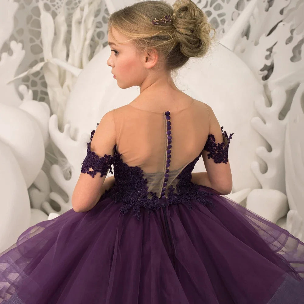 Grape Purple Floral Appliques Tiered With Trailing For Wedding Birthday Party Banquet Gown Customized Flower Girl Dresses