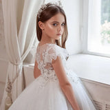Vestidos de fiesta de cumpleaños para banquetes, vestidos de niña de las flores con apliques de tul blanco y estampado floral con mangas cortas para bodas. 