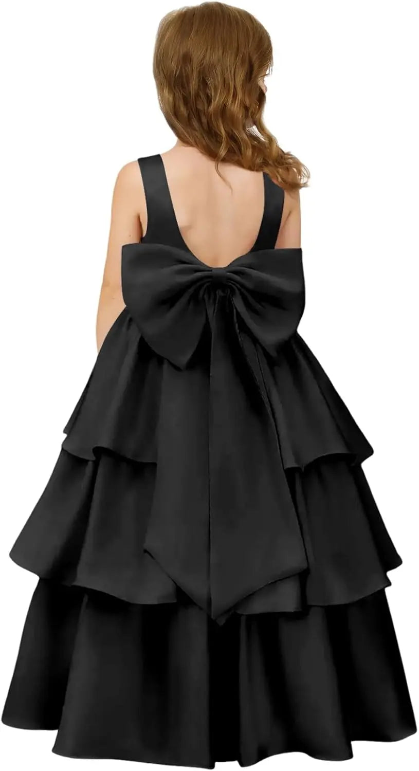 Girls Crewneck Layers Flower Girl Satin Pageant Dress with Bow Knot Backless Birthday Party Formal Dress princess dress
