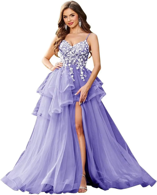 Vestidos de fiesta con apliques de encaje de tul y escote en V con abertura, vestidos de fiesta formales de noche con capas abullonadas, vestidos de baile largos 