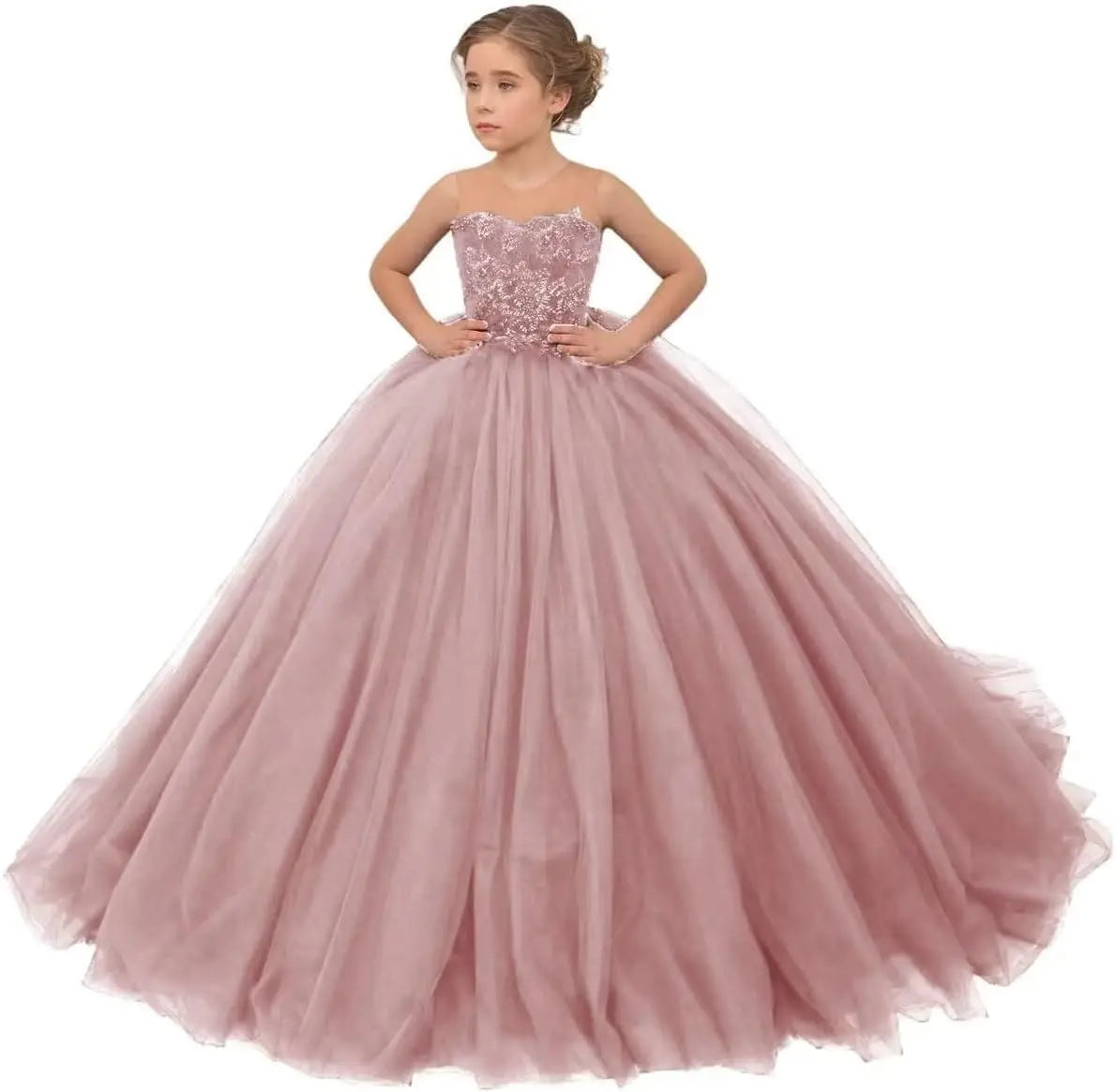Tulle Flower Girls Dresses Lace Appliques Long Formal Princess Wedding Pageant Ball Gowns for Children