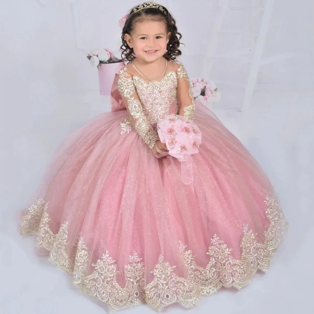 Apliques florales de oro rosa con lazo, manga larga para bodas, fiestas de cumpleaños, comunión, vestidos de niña de las flores personalizados 