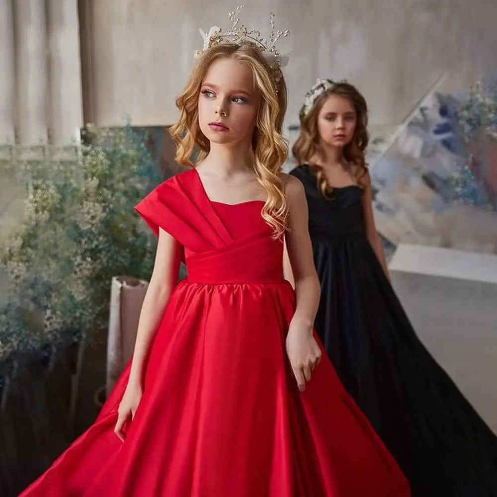 Satin One Shoulder Flower Girl Dresses for Wedding Ball Gown Puffy Pageant Gown Cute First Communion Dress princess dress