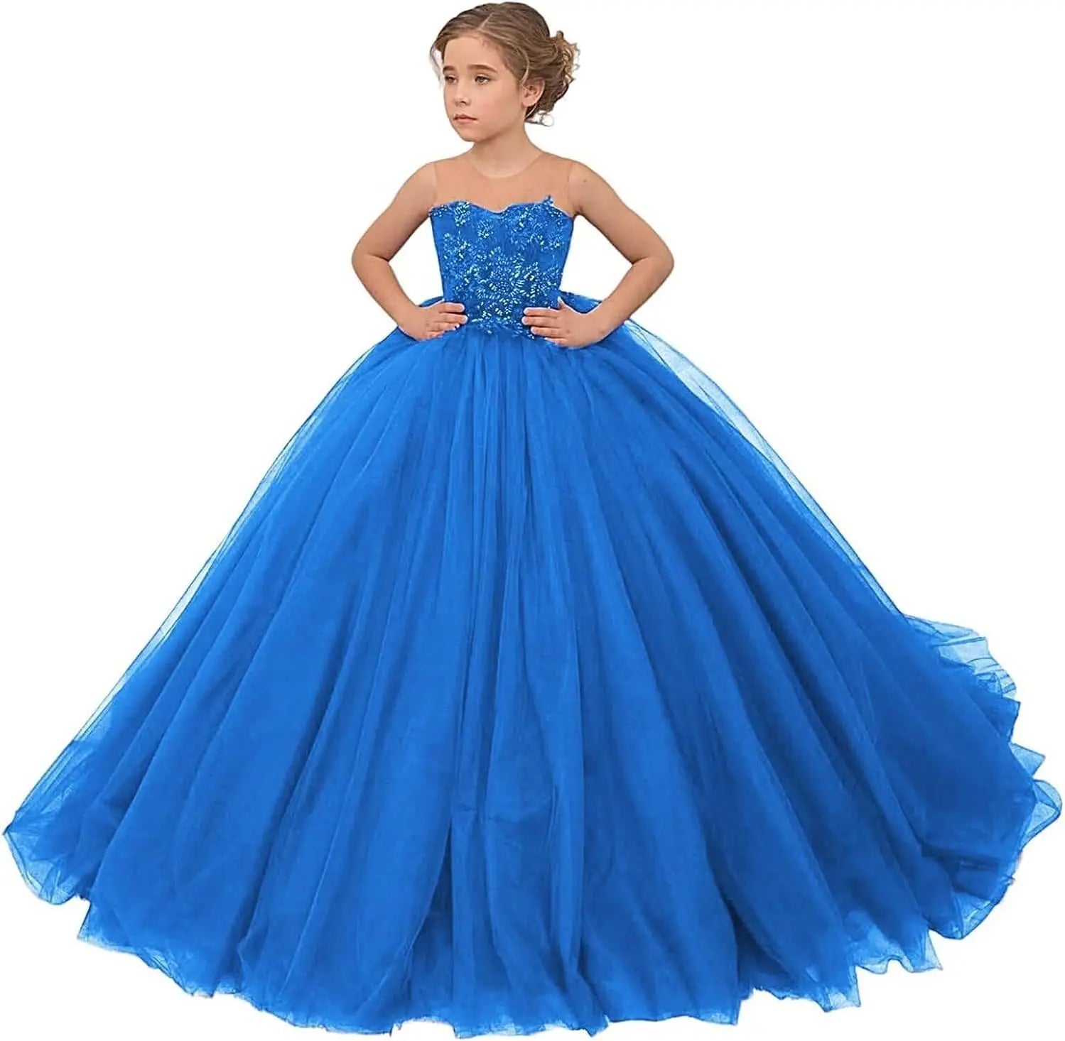 Tulle Flower Girls Dresses Lace Appliques Long Formal Princess Wedding Pageant Ball Gowns for Children