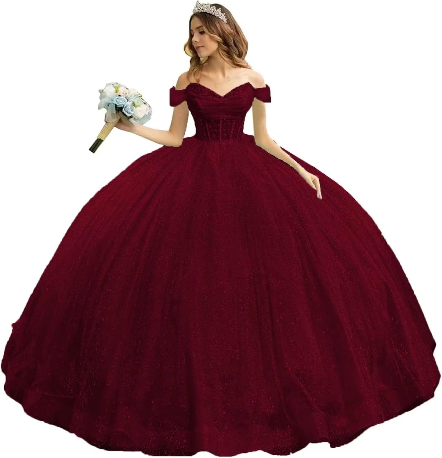 Tulle Quinceanera Dresses with Bow Puffy Off Shoulder Sweet 16 Dresses Sparkly Crystal Quince Dress with Train