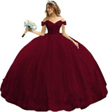 Tulle Quinceanera Dresses with Bow Puffy Off Shoulder Sweet 16 Dresses Sparkly Crystal Quince Dress with Train