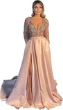 Vestido de fiesta de graduación con lentejuelas brillantes para mujer, con bolsillos, de satén de manga larga, vestido de noche formal con abertura, elegante para fiesta de boda 
