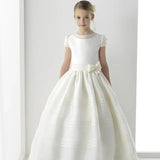 Vintage Ivory Satin Pearls Top With Bow For Wedding Birthday Party Princess Baptism Gowns Customized Flower Girls Dresses