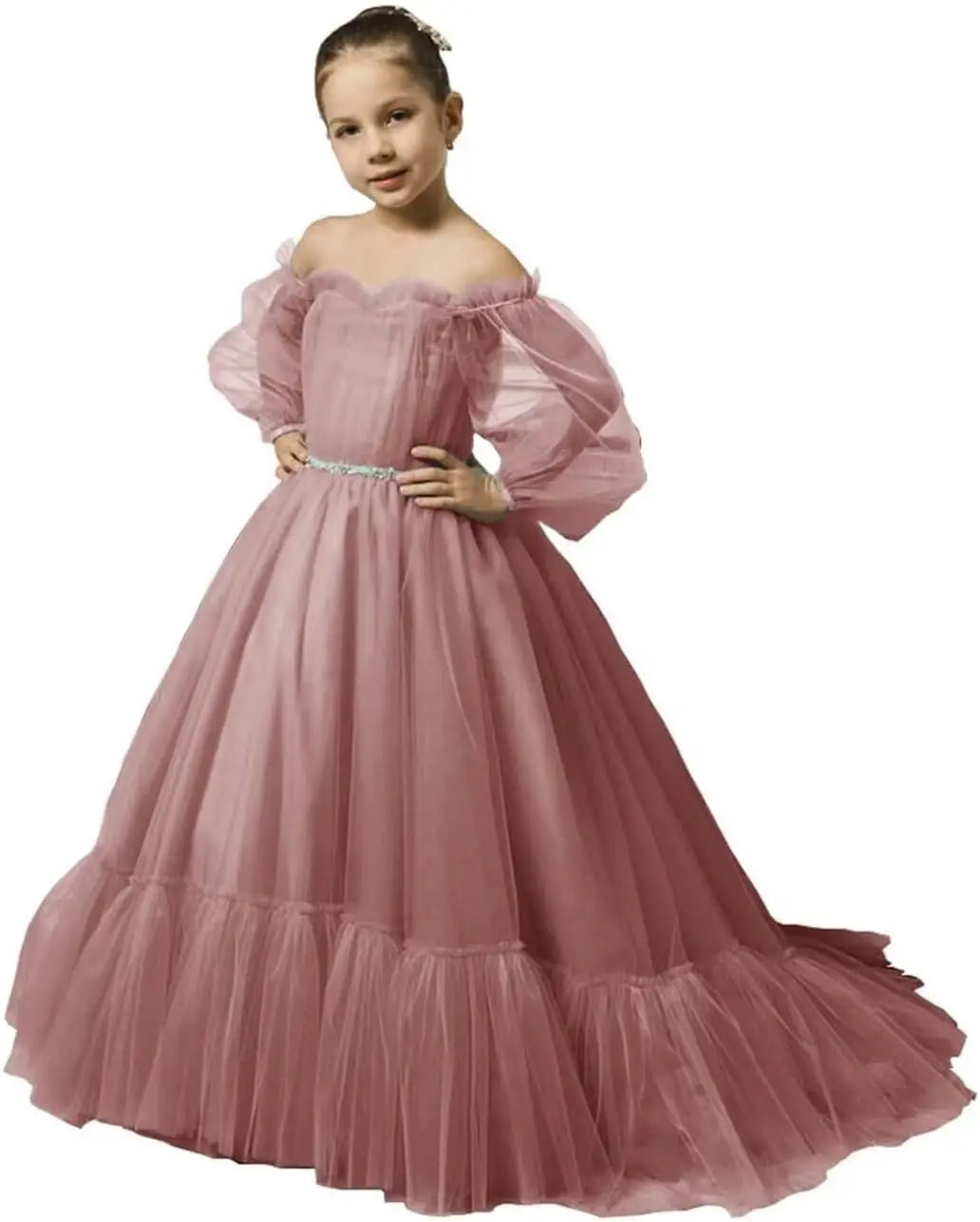 Vestidos de niña de las flores con mangas abullonadas para boda, vestidos de desfile de tul con hombros descubiertos, vestido de línea A para niña pequeña con cinturón, vestido para niña bebé 