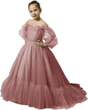 Vestidos de niña de las flores con mangas abullonadas para boda, vestidos de desfile de tul con hombros descubiertos, vestido de línea A para niña pequeña con cinturón, vestido para niña bebé 