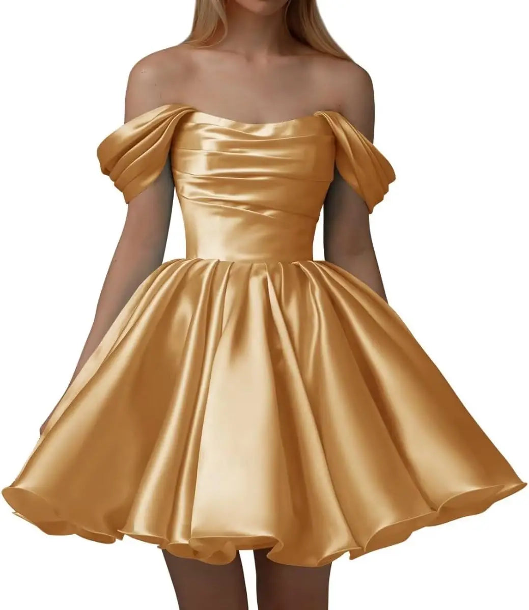 Vestidos de fiesta de satén con hombros descubiertos para mujer, corte A, cortos, plisados, sin tirantes, para boda y fiesta. 