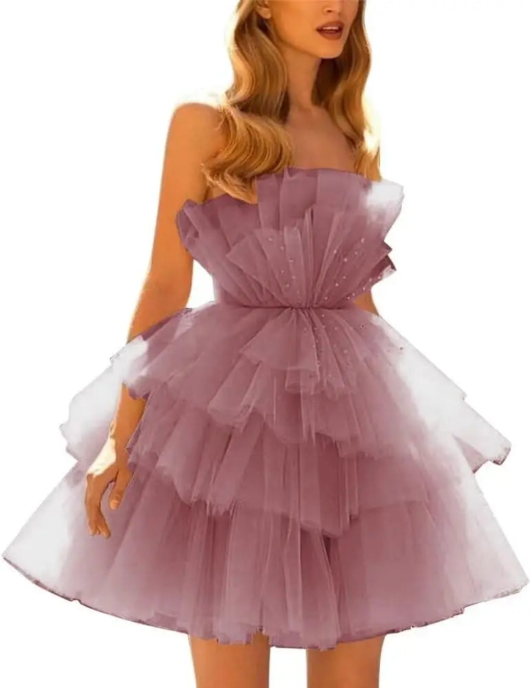 Vestidos de fiesta de tul con hombros descubiertos, abullonados, cortos, sin tirantes, de malla, con volantes, formales, para cóctel o gala 