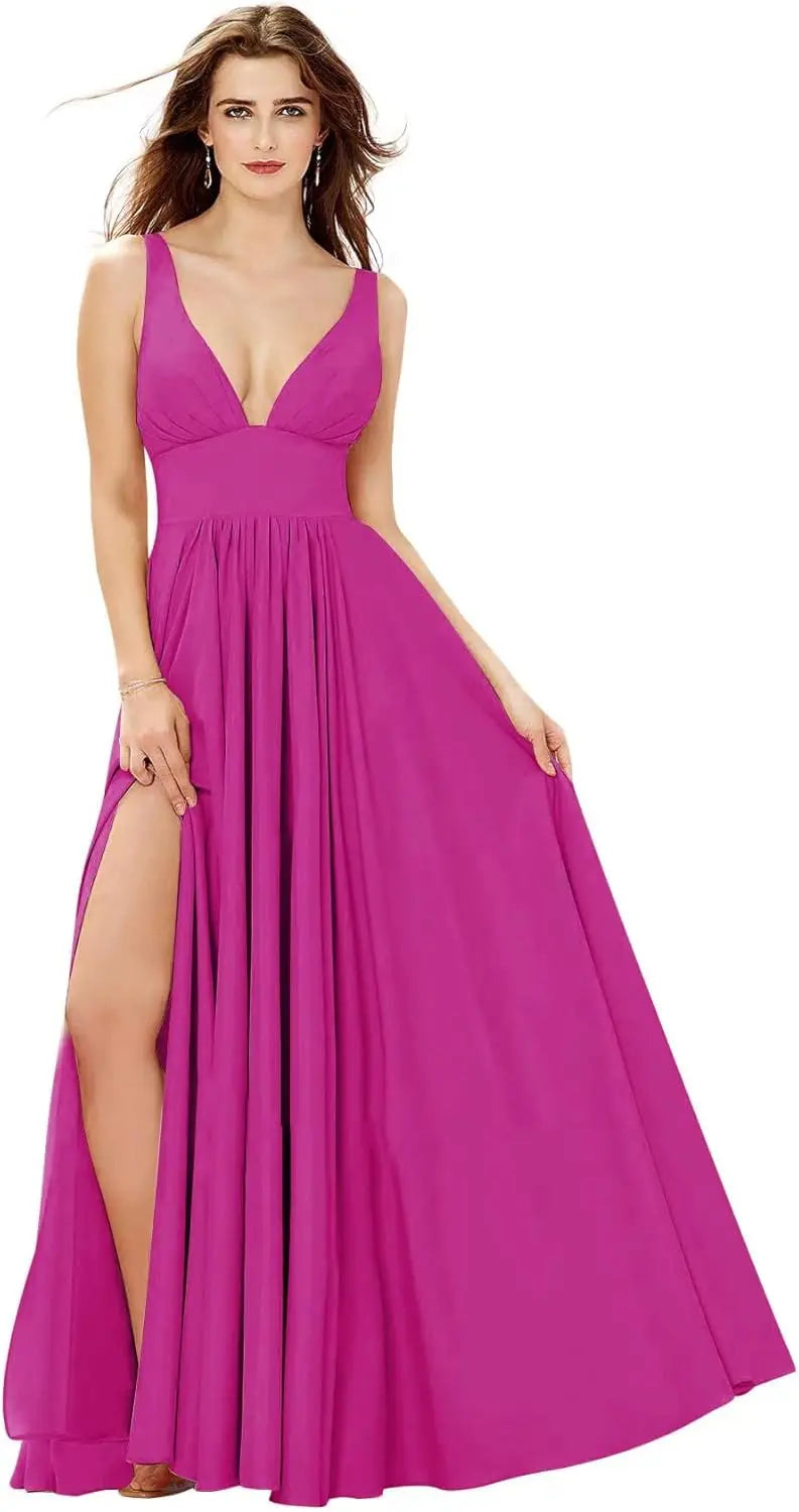Elegant Women's Long Chiffon Bridesmaid Dresses Deep V-Neck Sleeveless Slit Formal Evening Party Gowns prom dresses