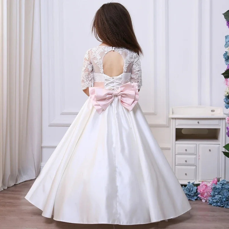 White Satin Appliques With Bow Jewels Belt Half Sleeve For Wedding Birthday Party First Communion Gowns Flower Girl Dresses