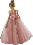 Flower Girls Lace Cap Sleeve Dress for Wedding Puffy Tulle Back V-Neck Pageant Prom Ball Gown with Bow princess dress