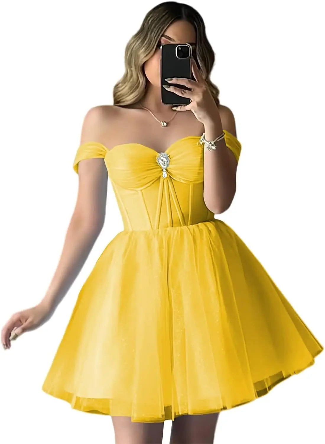 Vestidos de fiesta de tul brillante con hombros descubiertos, vestidos de fiesta cortos para adolescentes, vestido de cóctel de corte A con escote en forma de corazón y vuelo. 