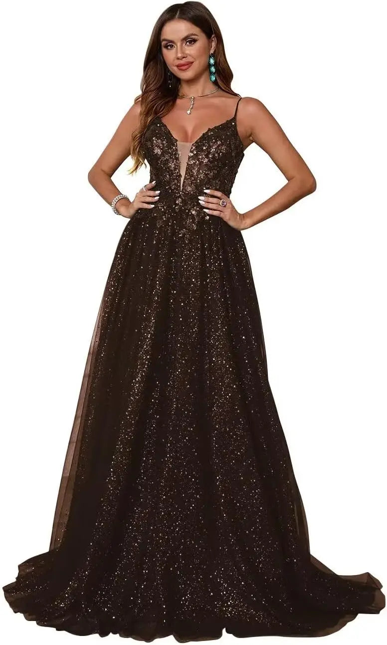 Glitzerndes Tüll-Ballkleid für Damen, Spaghettiträger, tiefer V-Ausschnitt, Spitzenapplikationen, Ballkleid, langes A-Linien-Abendkleid 