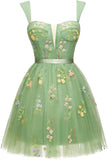 Vestidos cortos de fiesta para adolescentes con bordado de flores, tul, tirantes finos, largo hasta la rodilla, con margaritas y estampado floral. 