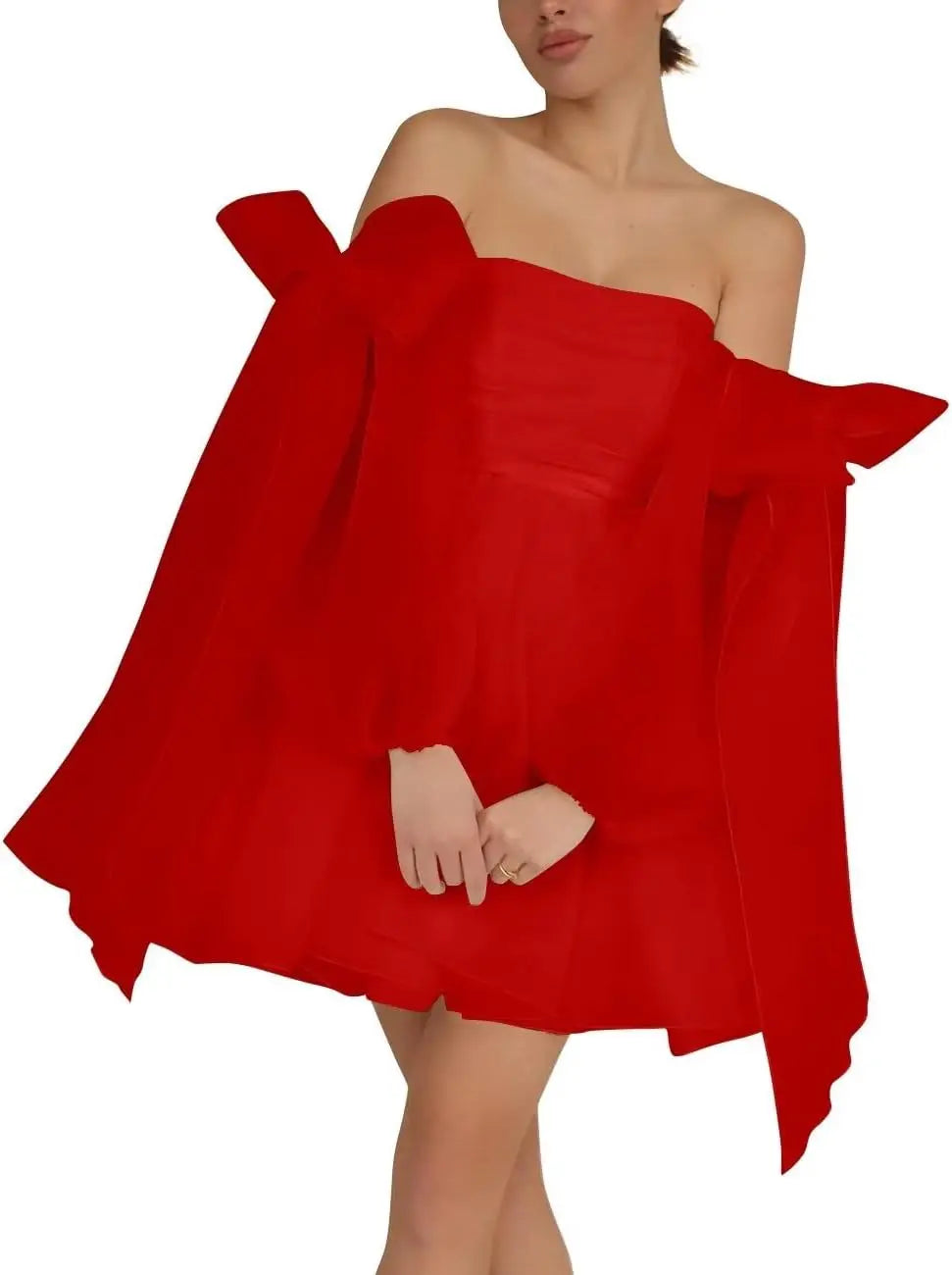 Vestidos de fiesta de organza con hombros descubiertos y lazo, de manga larga, para graduación, de corte A, formales, para cóctel o fiesta. 