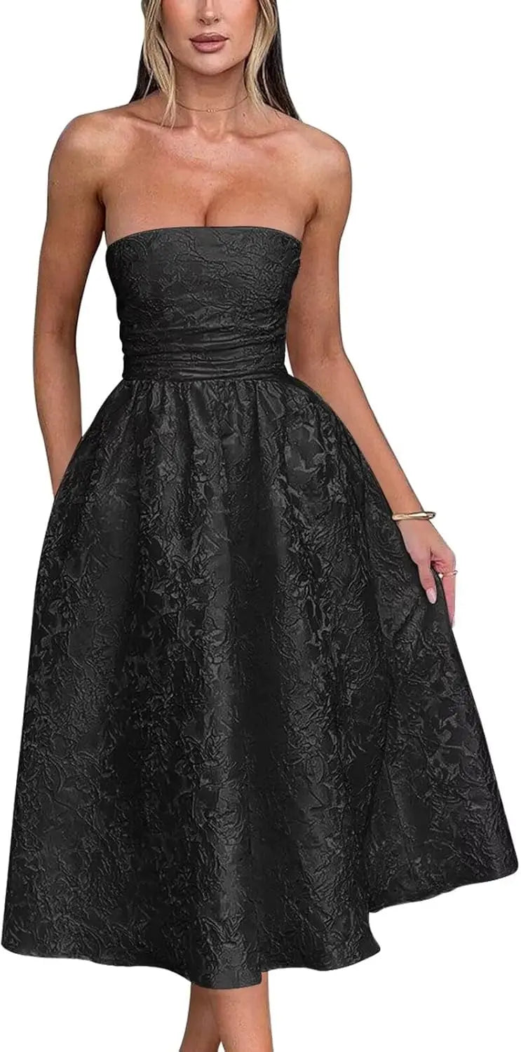 Vestido de fiesta de satén jacquard floral, largo hasta la rodilla, corte A, sin tirantes, con corsé, para dama de honor, para fiesta de noche formal 