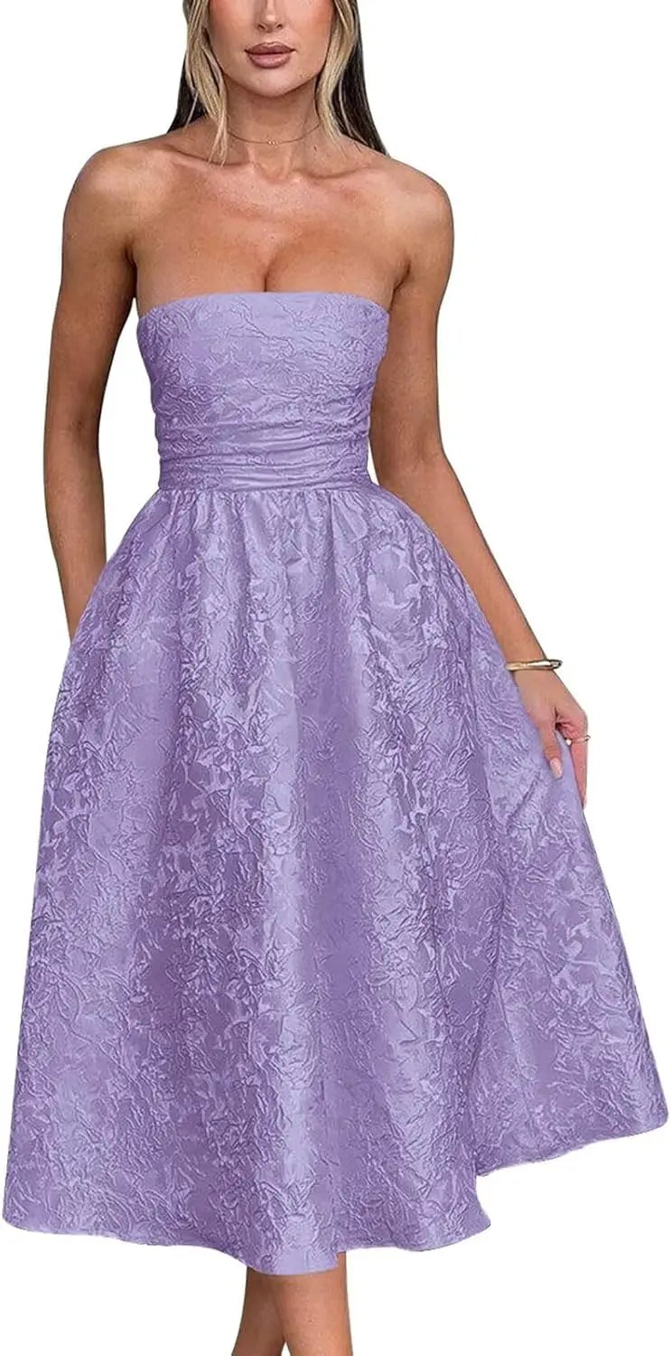 Vestido de fiesta de satén jacquard floral, largo hasta la rodilla, corte A, sin tirantes, con corsé, para dama de honor, para fiesta de noche formal 