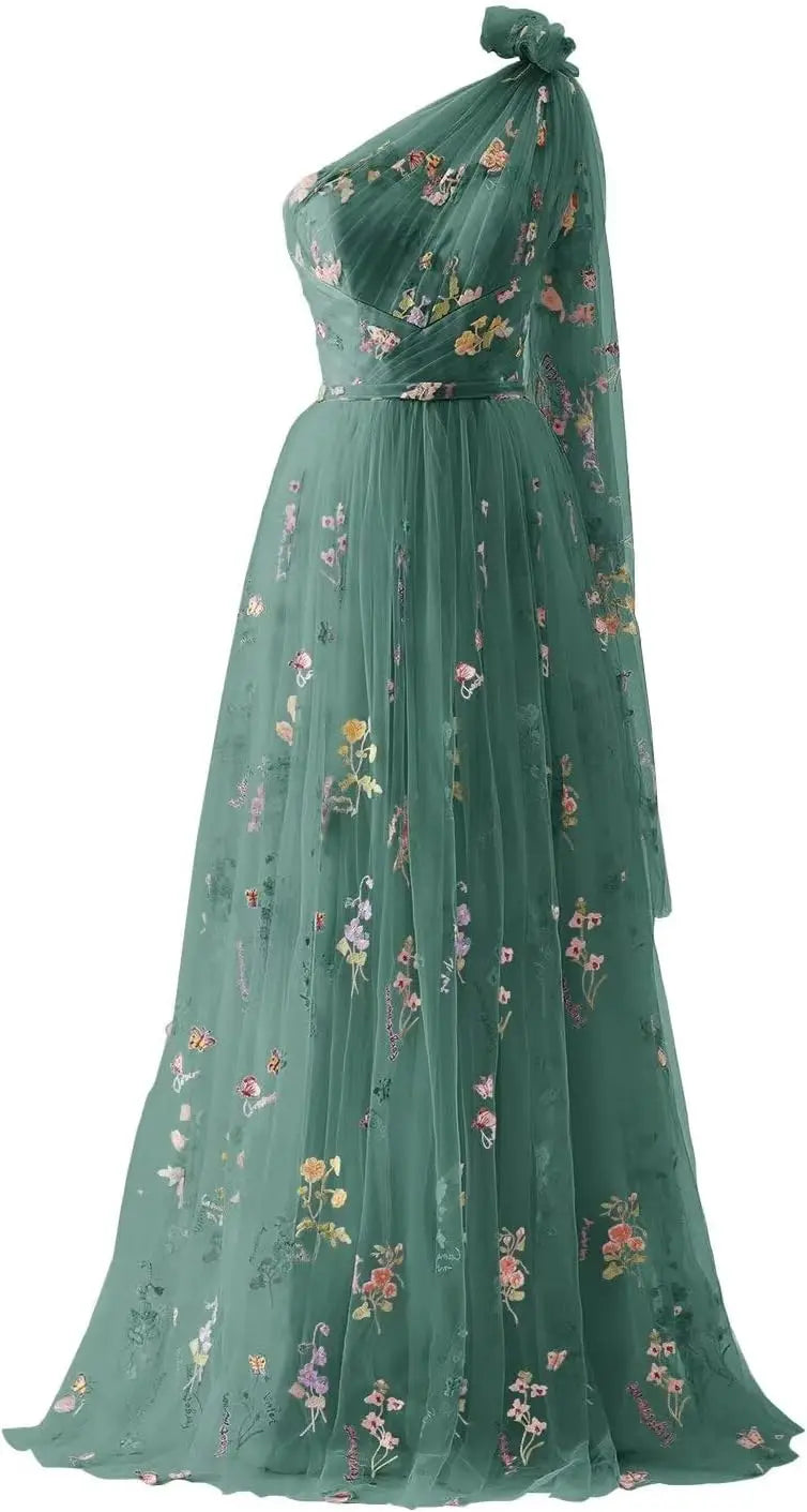 Vestidos de fiesta de tul para mujer con bordado de flores, corte A, largo hasta el suelo, vestidos formales de noche para fiesta 