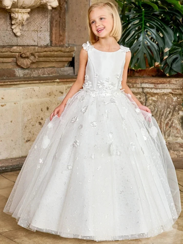 Prom Birthday Party First Communion Gowns Flower Girl Dresses White Tulle Flowers With Trailing Sleeveless For Wedding