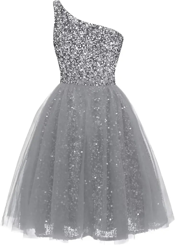 One Shoulder Sequin Homecoming Dresses Short Tulle Prom Dresses for Women A Line Princess Formal Cocktail Gown Gowns