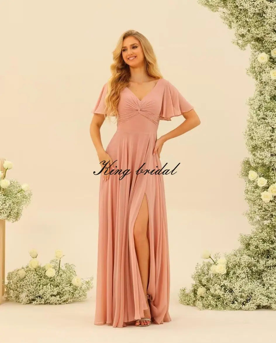 Custom Made Flutter Sleeves Split Bridesmaid Dresses with Slit Long V Neck Empire Waist Formal Evening Dress for Women Wedding