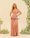 Custom Made Flutter Sleeves Split Bridesmaid Dresses with Slit Long V Neck Empire Waist Formal Evening Dress for Women Wedding