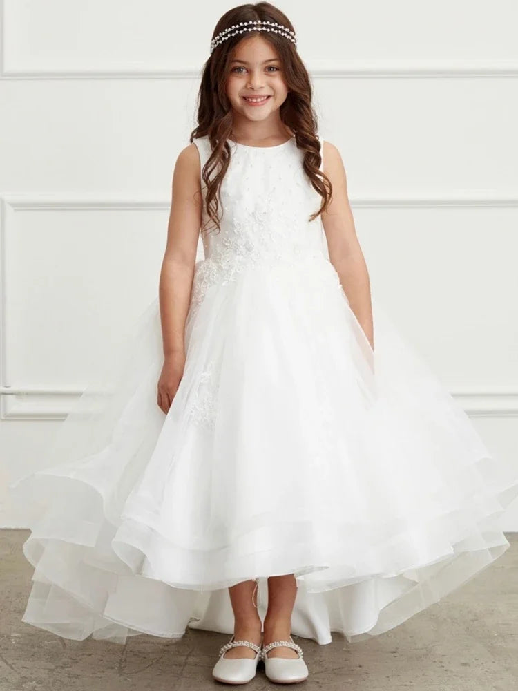 Vestidos de primera comunión para cumpleaños, vestidos de niña de las flores con apliques de flores de tul rosa y lazo, falda alta y baja sin mangas para boda 