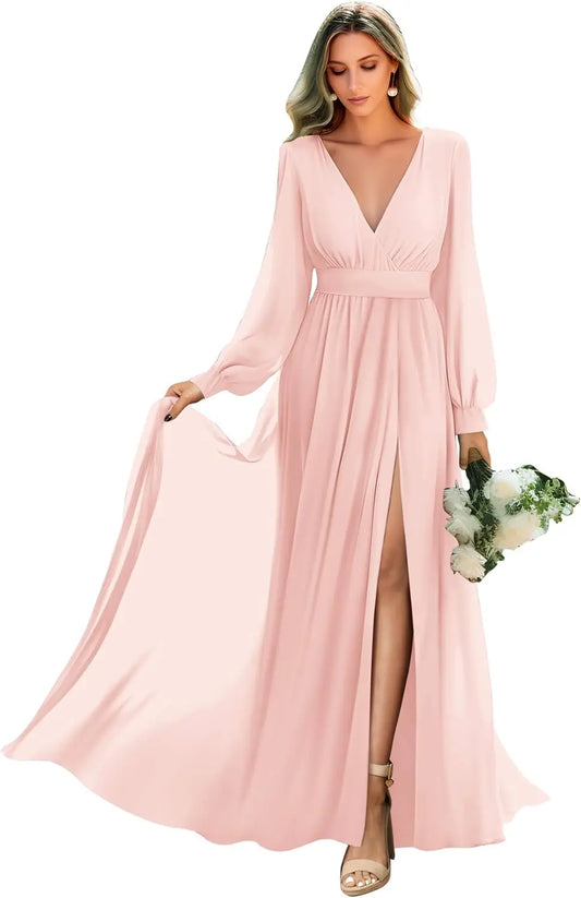 Long Sleeve Bridesmaid Dresses with Slit Pleated Wedding Party Gowns V Neck Chiffon Long Formal Dress evening dress