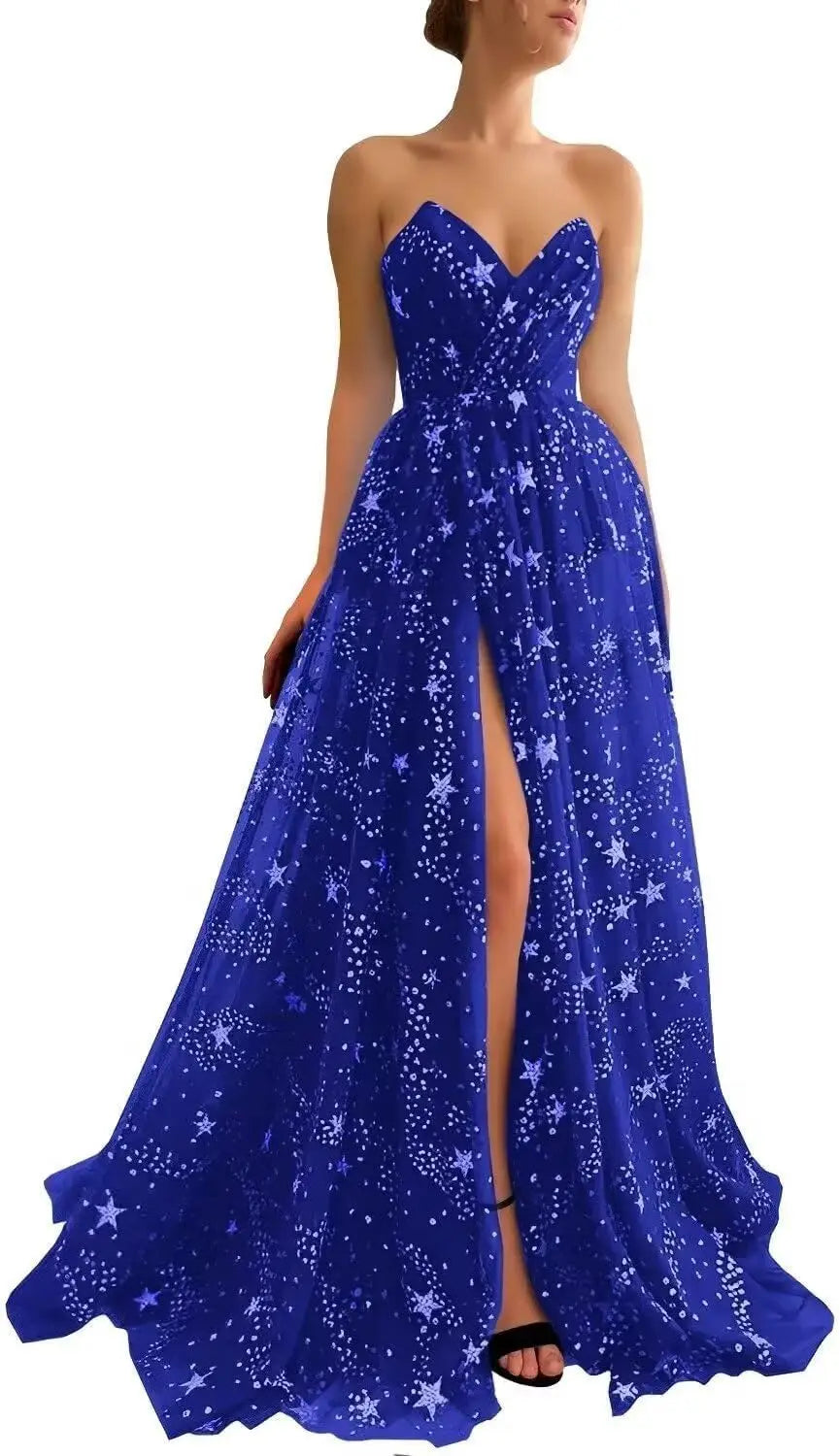 Vestidos de fiesta de tul con estrellas y brillo para mujer, sin tirantes, con abertura, formales, para noche y fiesta 