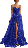 Custom Made Women's Sparkle Starry Tulle Prom Dresses Strapless Slit Formal Evening Wedding Party Gowns Long Sweetheart Dress
