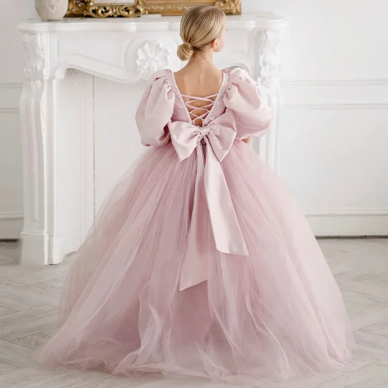 Birthday Holy Communion Banquet Princess Gowns Flower Girl Dresses Dusty Pink Pearls Neck With Bow Half Sleeve For Wedding