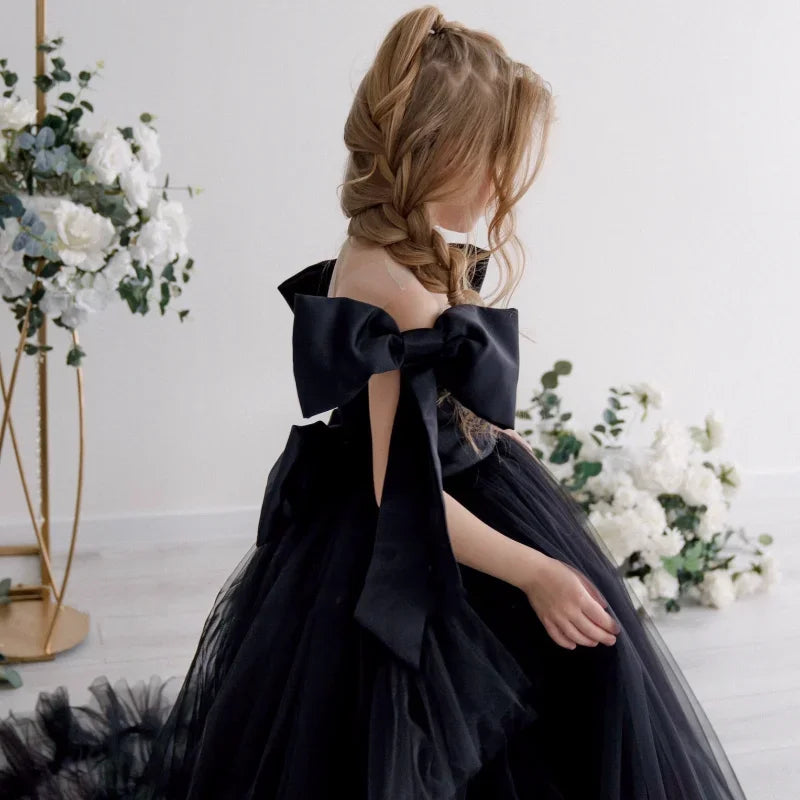 Vestidos de tul negro con lazo y cola, de manga corta, para bodas, fiestas de cumpleaños, banquetes, princesas, niñas de las flores. 