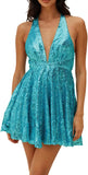 Vestido de lentejuelas para mujer, con tirantes finos, sexy, escote en V profundo, sin espalda, con purpurina, para fiesta, club, estilo patinador, minivestido de cóctel 