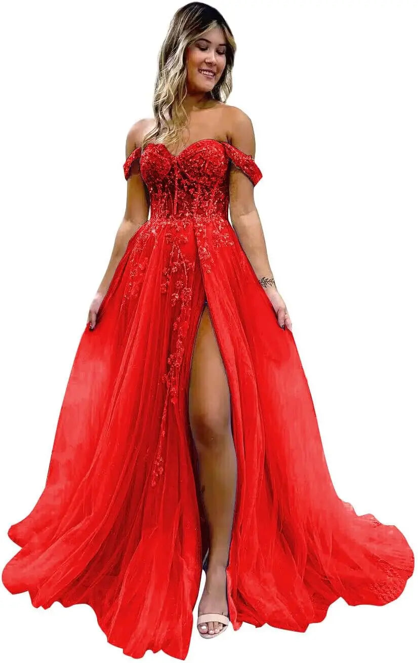 Vestido de fiesta de tul con hombros descubiertos, abertura, apliques de encaje brillante, corsé, vestido formal de fiesta de noche, vestidos de fiesta para mujer, noche 
