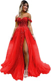 Vestido de fiesta de tul con hombros descubiertos, abertura, apliques de encaje brillante, corsé, vestido formal de fiesta de noche, vestidos de fiesta para mujer, noche 