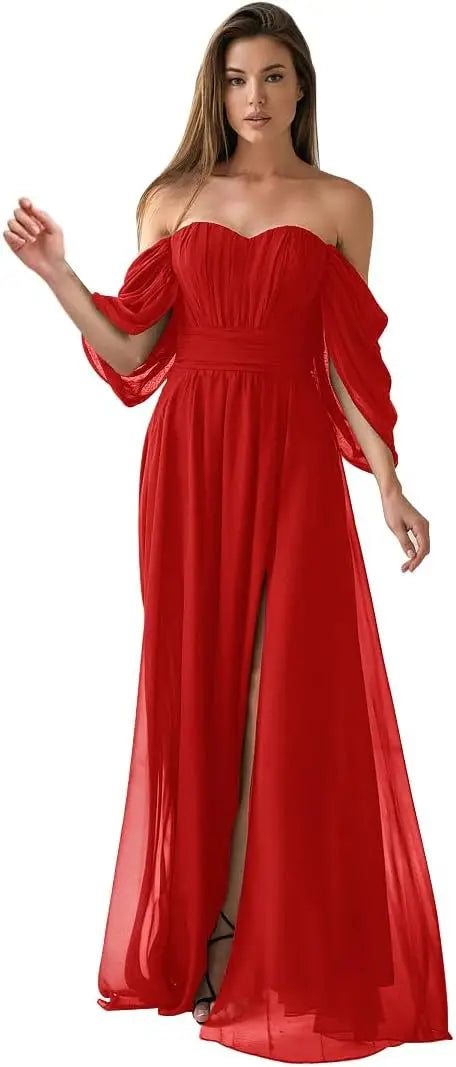Vestido de dama de honor de talla grande con hombros descubiertos, de gasa, formal, con abertura, elegante, para invitada de boda 